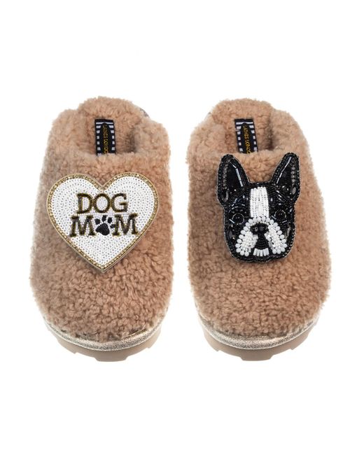 Laines London Brown Teddy Closed Toe Slippers With Buddy The Boston Terrier & Dog Mum Mom Brooches