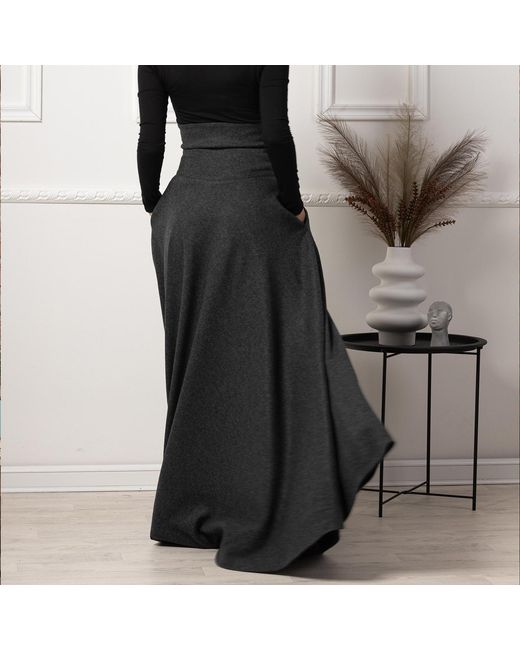 Nikka Place Black Ultra High Waist Wool Maxi Skirt With Pockets