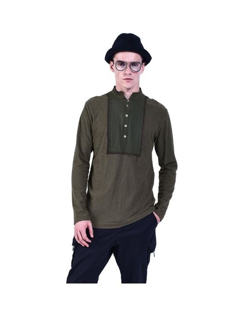 Smart and Joy Green Long-Sleeves T-Shirt With Topstitched Bib And High Collar for men