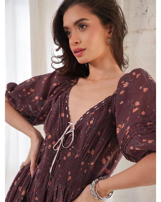 Rose & Nancy Purple Eloise Burgundy Floral Cotton Crinkle Midi Dress
