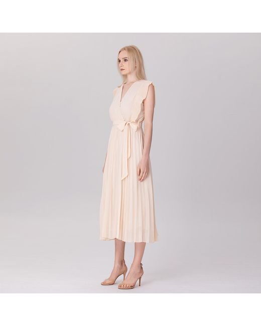 Smart and Joy Natural Neutrals Pleats Ruffle Wrap Effect Dress