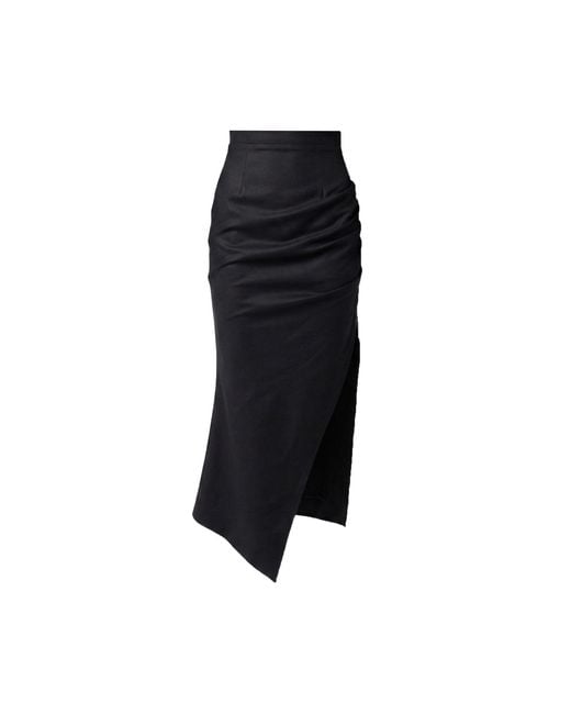 AVENUE No.29 Black Asymmetric Gathered Wool Midi Skirt