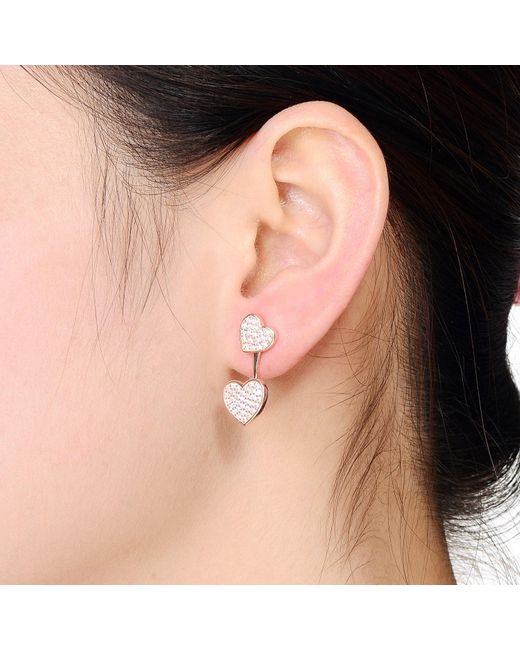 Genevive Jewelry Pink Sterling Silver Rose Gold Plated Cubic Zirconia Double Heart Jacket Earrings