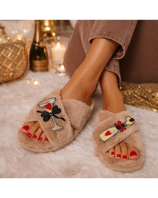 Laines London Brown Neutrals Classic Laines Slippers With Popping Champagne Brooches