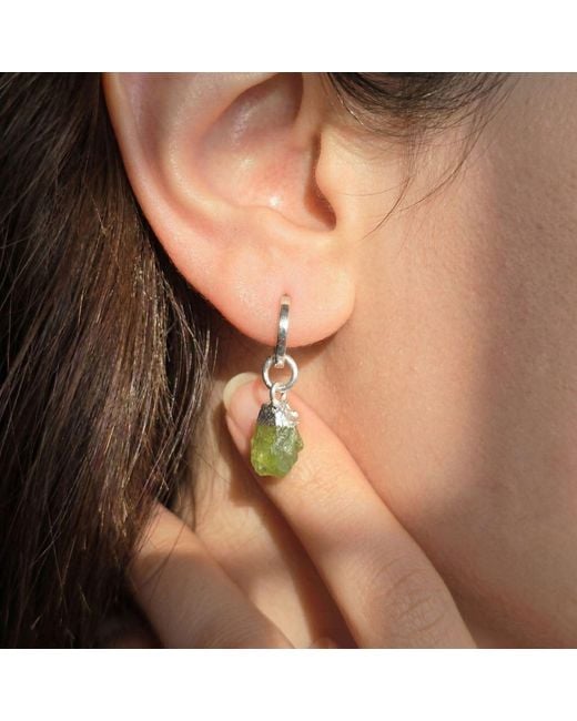 Harfi Green Raw Peridot Sterling August Birthstone Crystal Small Round Huggies