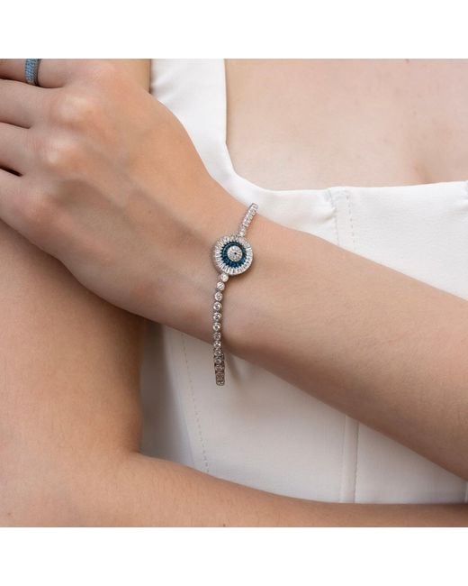 Spero London Blue Round Bezel Evil Eye Sterling Tennis Bracelet