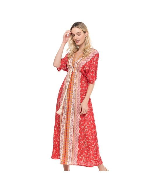 Tantra Spain Sl Red Printed Dress With V-Neck, Elastic Waist And Drawstring Unique Size