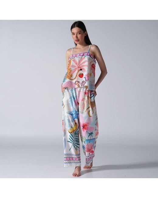 LOVEIST STORE White Tropical Pop Icon Patterned Wide Leg Trousers
