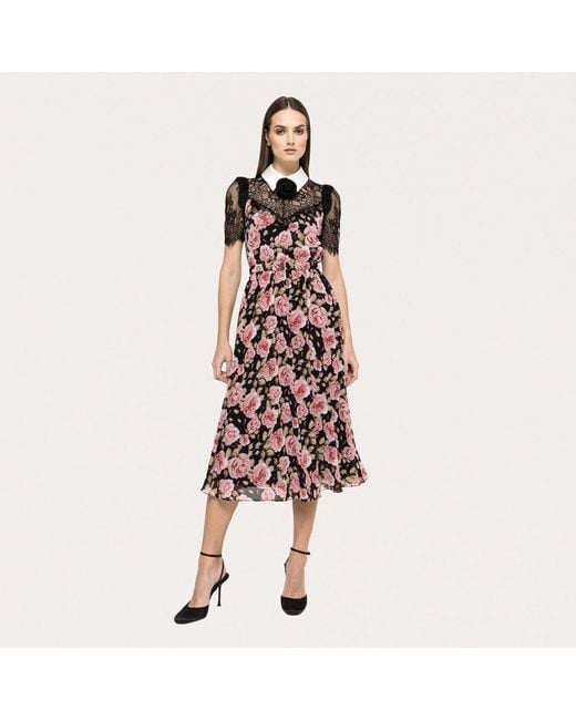 Nissa Red Lace-Detail Chiffon Midi Dress