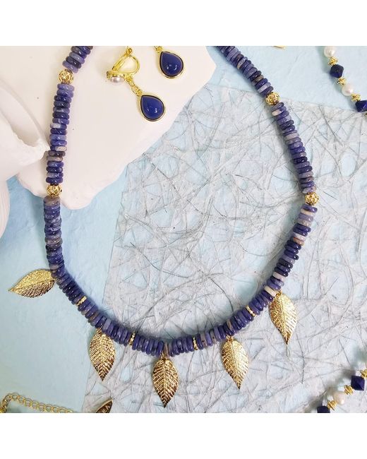 Farra Blue Bohemian Style Sodalite With Leaves Charms Statement Necklace