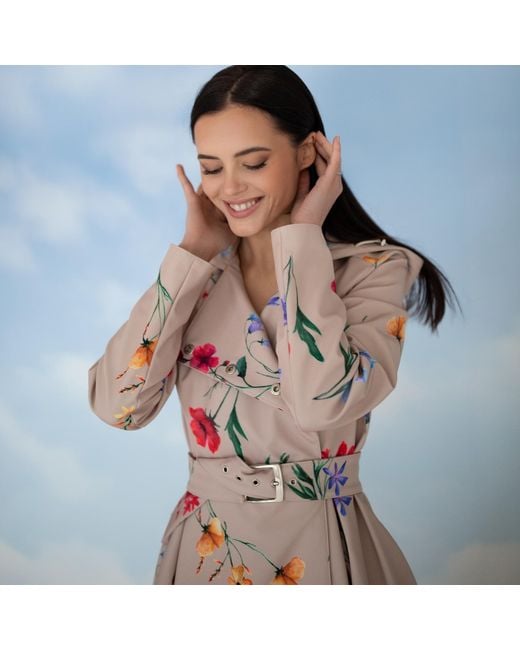 RainSisters Pink Beige Waterproof Trench Coat With Colourful Flower Print: Spring Bloom