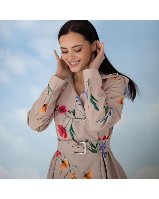 RainSisters Pink Beige Waterproof Trench Coat With Colourful Flower Print: Spring Bloom