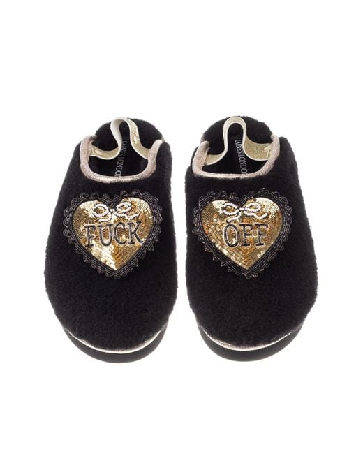 Laines London Black Flatform Cloud Slippers With & Fuck Off Brooches