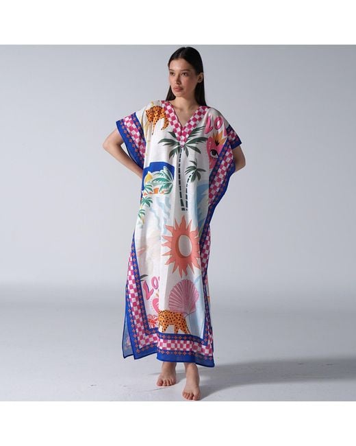 LOVEIST STORE Red Mercy Tropical Graphic Pop Linen-Feel Kaftan Abaya