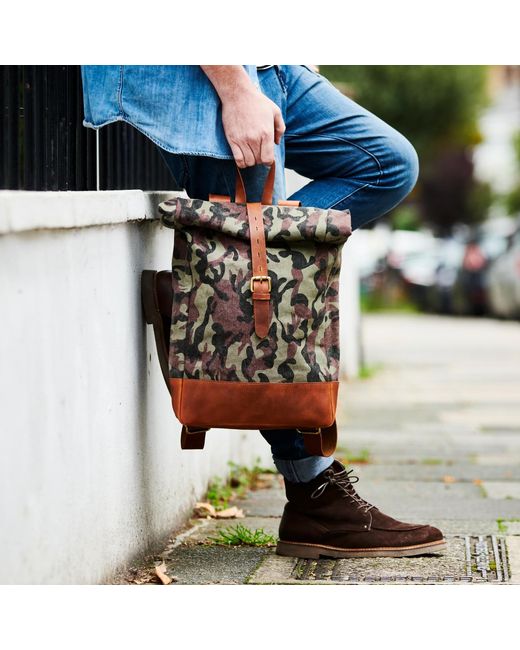 VIDA VIDA Green Camo Canvas And Leather Roll Top Backpack