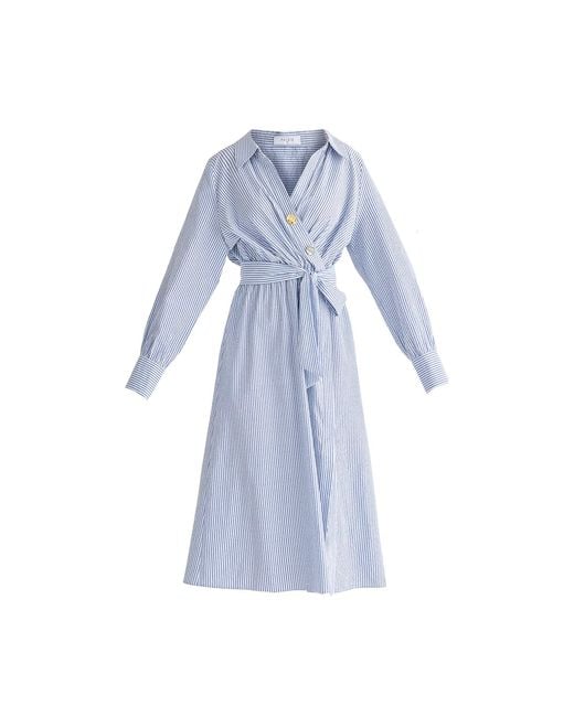 Paisie Blue Wrap Midi Shirt Dress With Metallic Button Details