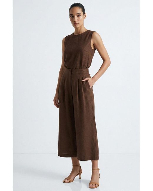 Exquise Brown Owen Pocket Zipper Culotte Linen Pants
