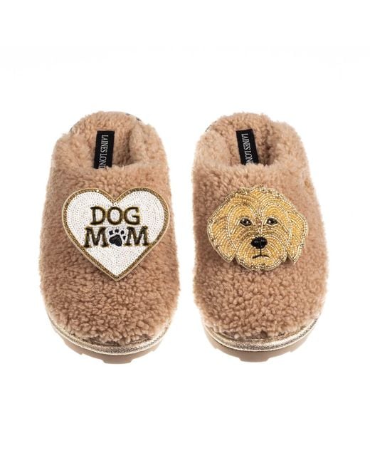 Laines London Natural Teddy Closed Toe Slippers With Dog Mum Mom & Golden Cockapoo Brooches