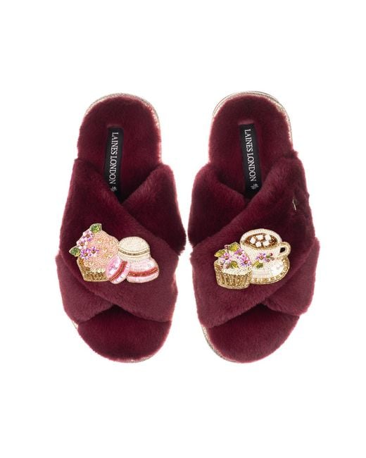 Laines London Purple Classic Laines Slippers With Mother's Day Macaroon Brooches