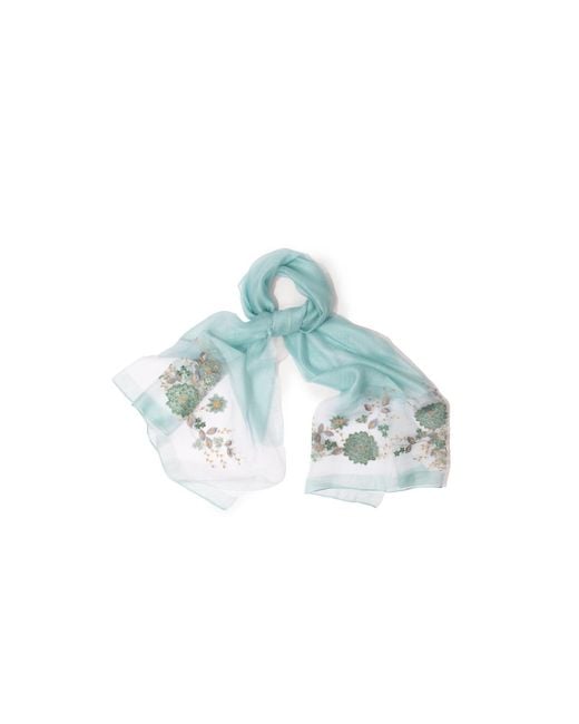 Saachi Blue Floral Embroidered Silk Aqua Scarf