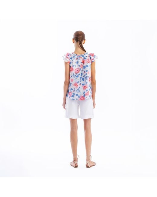 Haris Cotton Blue Ruffled Sleeve Cups Printed Silk Blend Blouse Wild Rose