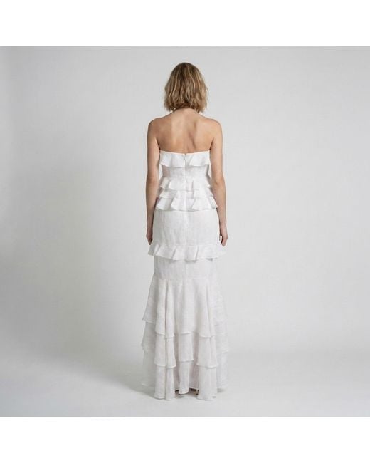 Modenaire White Tiered Ruffle Maxi Dress Strapless Silhouette