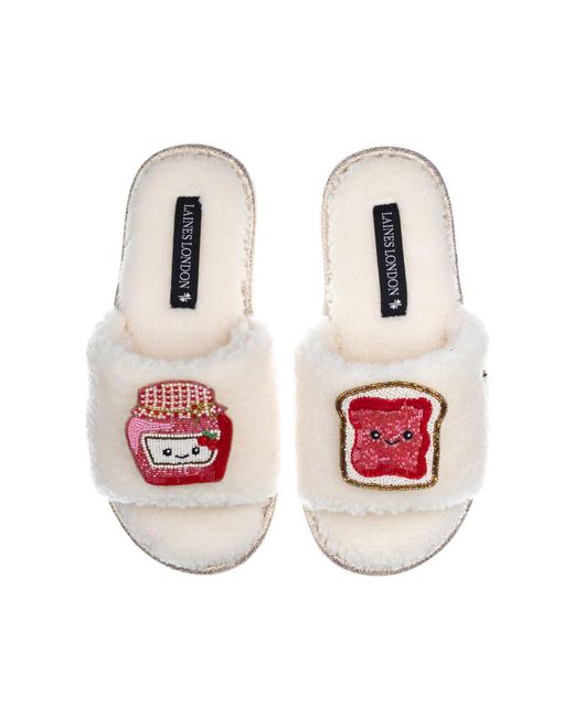 Laines London Pink Teddy Slider Slippers With Laines Loveables Jam & Toast Brooches