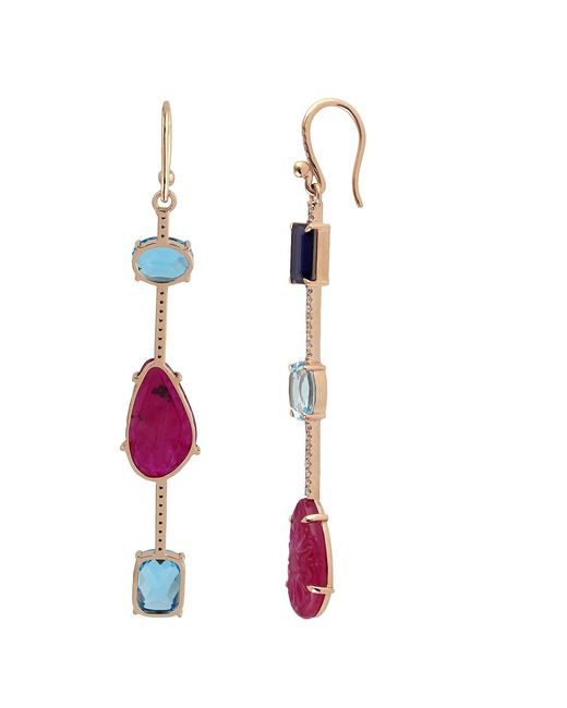 Artisan Pink Carved Ruby, Topaz & Iolite Diamond Drop Earrings