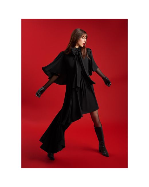 Femponiq Black Bow Tie Neck Cape Sleeve Maxi Dress