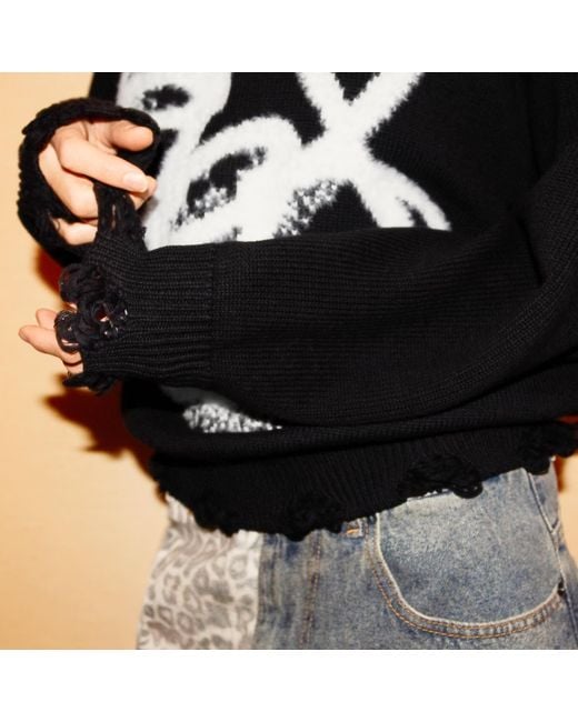 X Ilona Blue Black Legacy Logo Cotton Distressed Fuzzy Knit Raw Cut Sweater