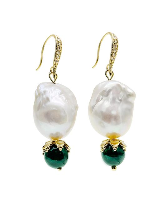 Farra White Baroque Pearl With Malachite Round Stone Earrings