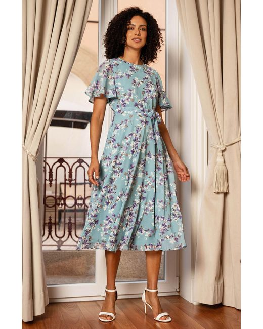 Yumi' Blue Blossom Skater Midi Dress With Angel Sleeves