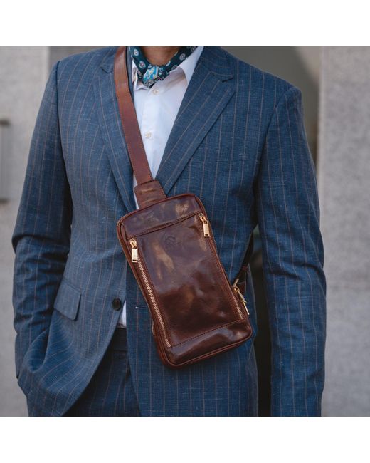 Time Resistance Brown Leather Sling Bag Chest Bag for men