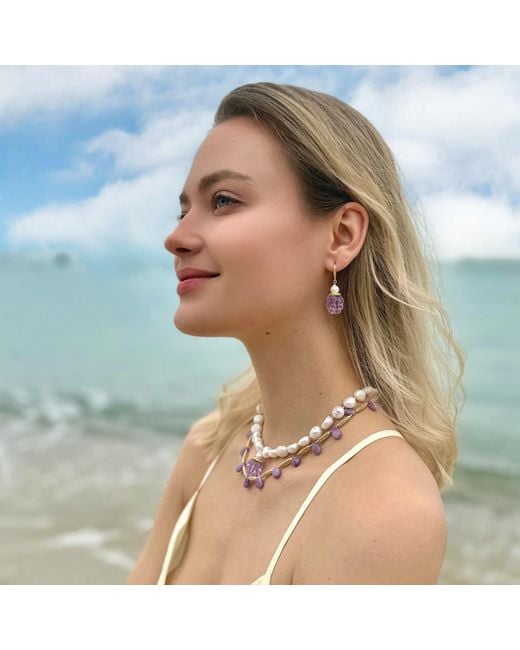 Farra Purple Glass Raspberry With Freshwater Pearls Earrings