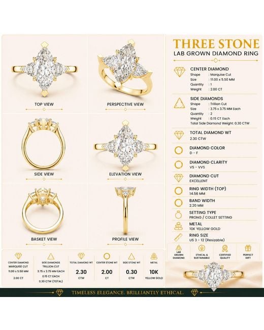 Aya Fine Jewelry Metallic Handcrafted Marquise Cut Three Stone Lab Diamond Engagement Ring With Trillion Side Stones