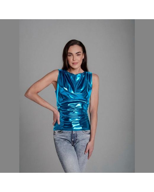 Imaatu Blue Onu Glam Metallic Shine Sculpting Elastic Faux Leather Waterfall Top