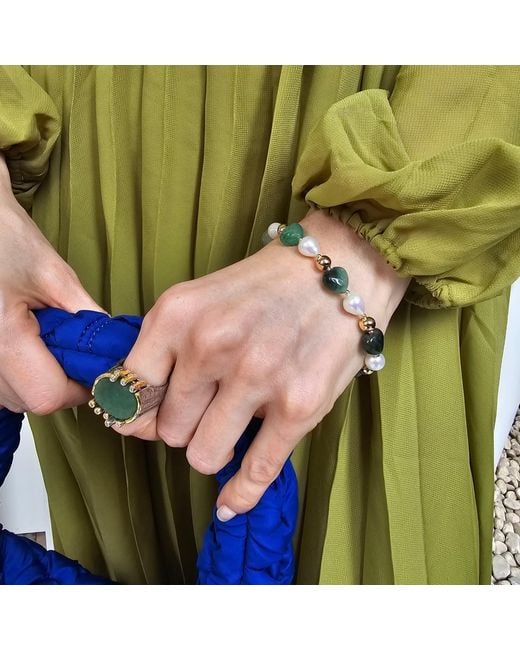 Farra Green Heart Shaped Aventurine With Freshwater Pearls Adjustable Bracelet