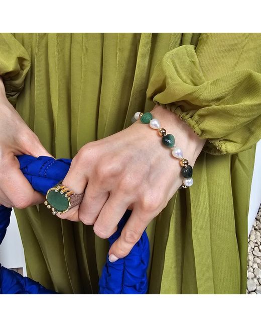 Farra Green Heart Shaped Aventurine With Freshwater Pearls Adjustable Bracelet