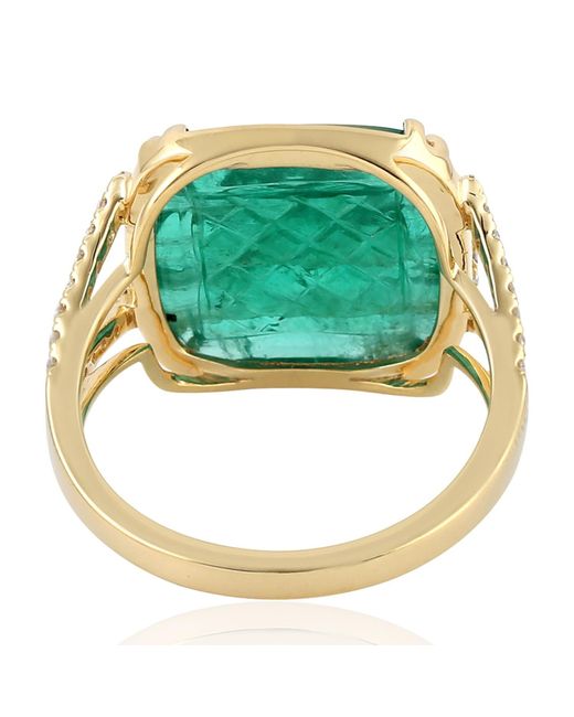 Artisan Green 18k Yellow Gold Flower Carving Emerald Pave Diamond Cocktail Ring Handmade Jewelry