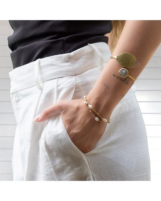 Ebru Jewelry Metallic Pearl Stone Chain Dainty Bracelet