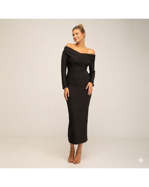 Tantra Spain Sl Black Long Fitted Dress With Long Sleeves, V-Neck And Draped Detail On The Chest