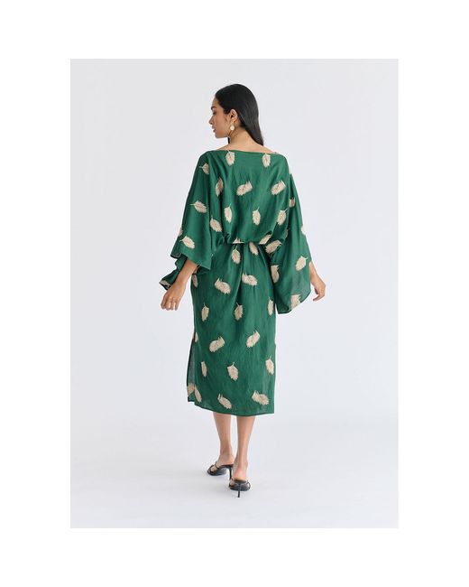 Paisie Green Leaf Embroidered Kimono Sleeves Midi Dress