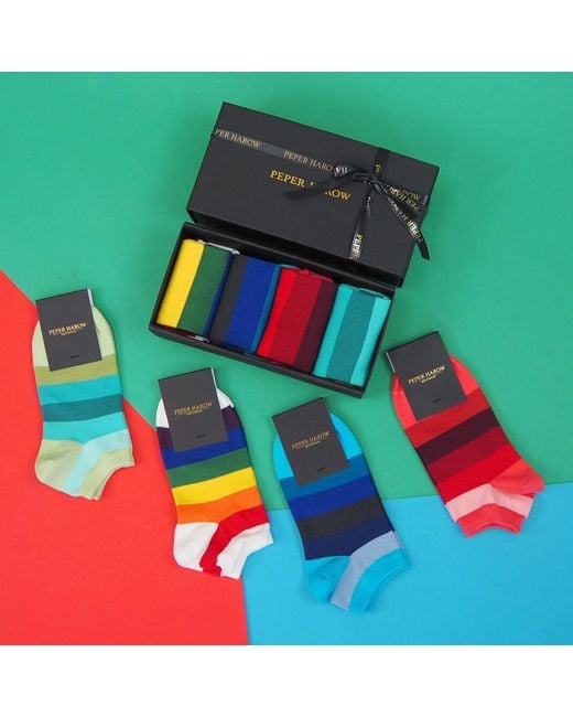 Peper Harow - Made in England Black Block Stripe Trainer Socks Gift Box