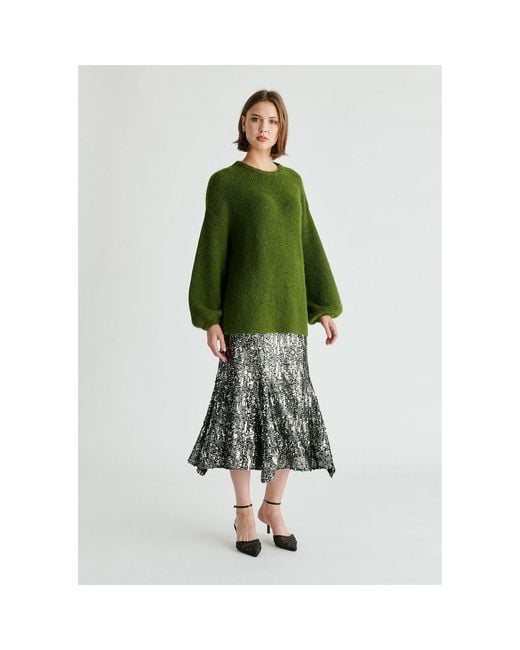 Paisie Green Balloon Sleeves Jumper With Cable Details