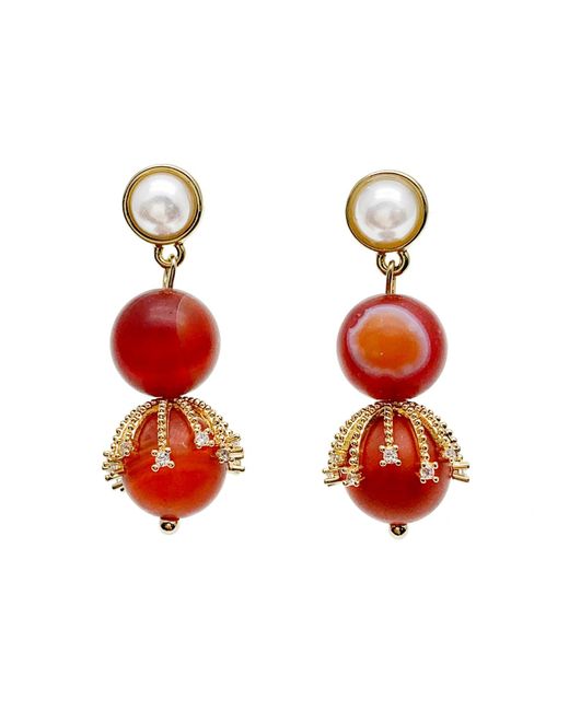 Farra Red Matte Finish Agate Dangle With Pearl Stud Earrings