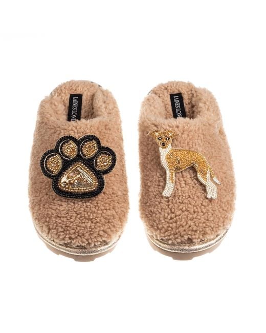 Laines London Natural Neutrals Teddy Closed Toe Slippers With Paw & Fawn & Italian Greyhound Brooches