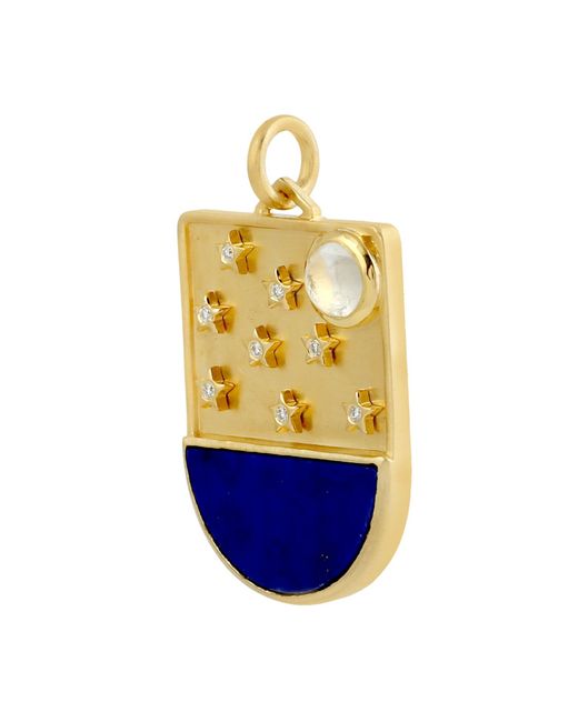Artisan Yellow 14k Gold Diamond & Bezel Set Moonstone With Lapis Gemstone In Star Moon Antique Pendant