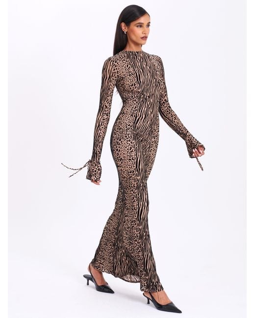 Miss Circle New York Gray Neutrals Waylynn Nude Animal Print Burnout Velvet Detail Mesh Backless Maxi Dress