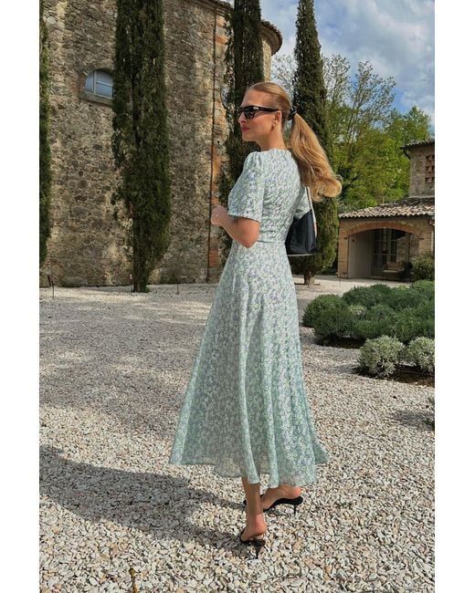POST MERIDIEM Blue Short Sleeve Floral Midi Dress