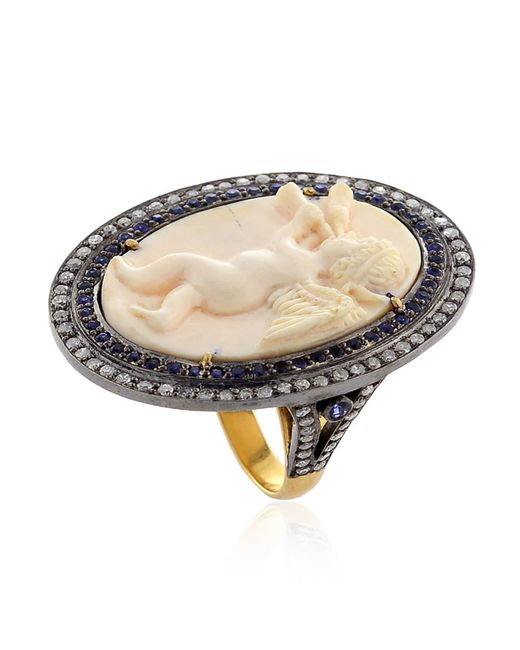 Artisan 18k Gold Silver With Blue Sapphire & Carved Mammoth Pave Diamond Angle Child Ring